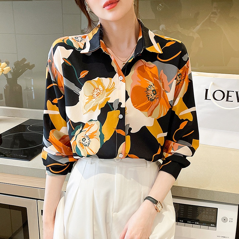 Nuova camicia a maniche lunghe 2024, elegante e raffinata, vestibilità ampia, versatile, snellente, con stampa. Top da donna._voghion.com