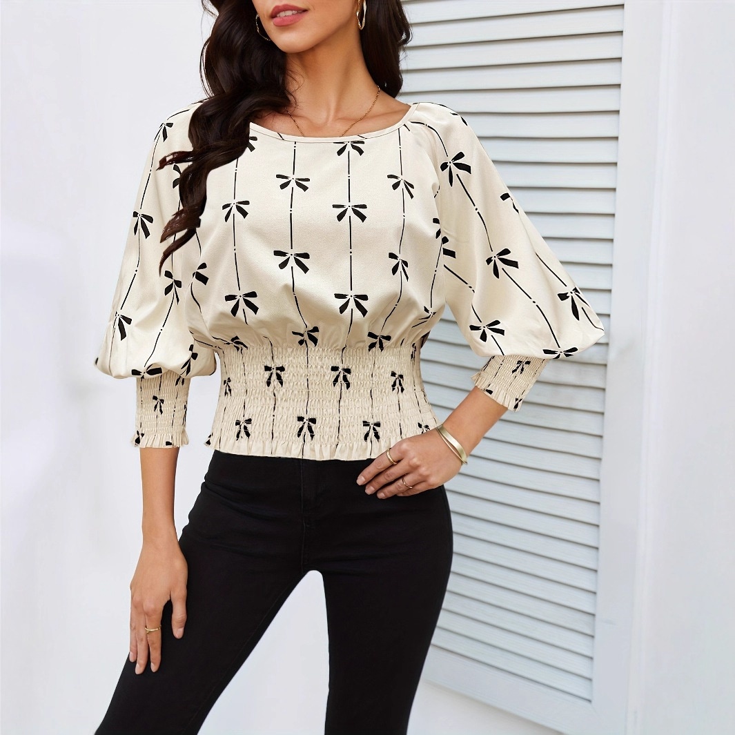 Modisches, bedrucktes russisches Frühlings-/Sommerhemd im europäischen und amerikanischen Stil mit geraffter Taille, Laternenärmeln und Rüschen._voghion.com