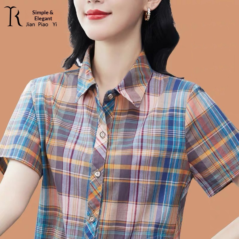 Neue klassische blau-karierte Kurzarmbluse für Damen, Frühjahr/Herbst 2022, lässiges Kurzarm-Top_voghion.com