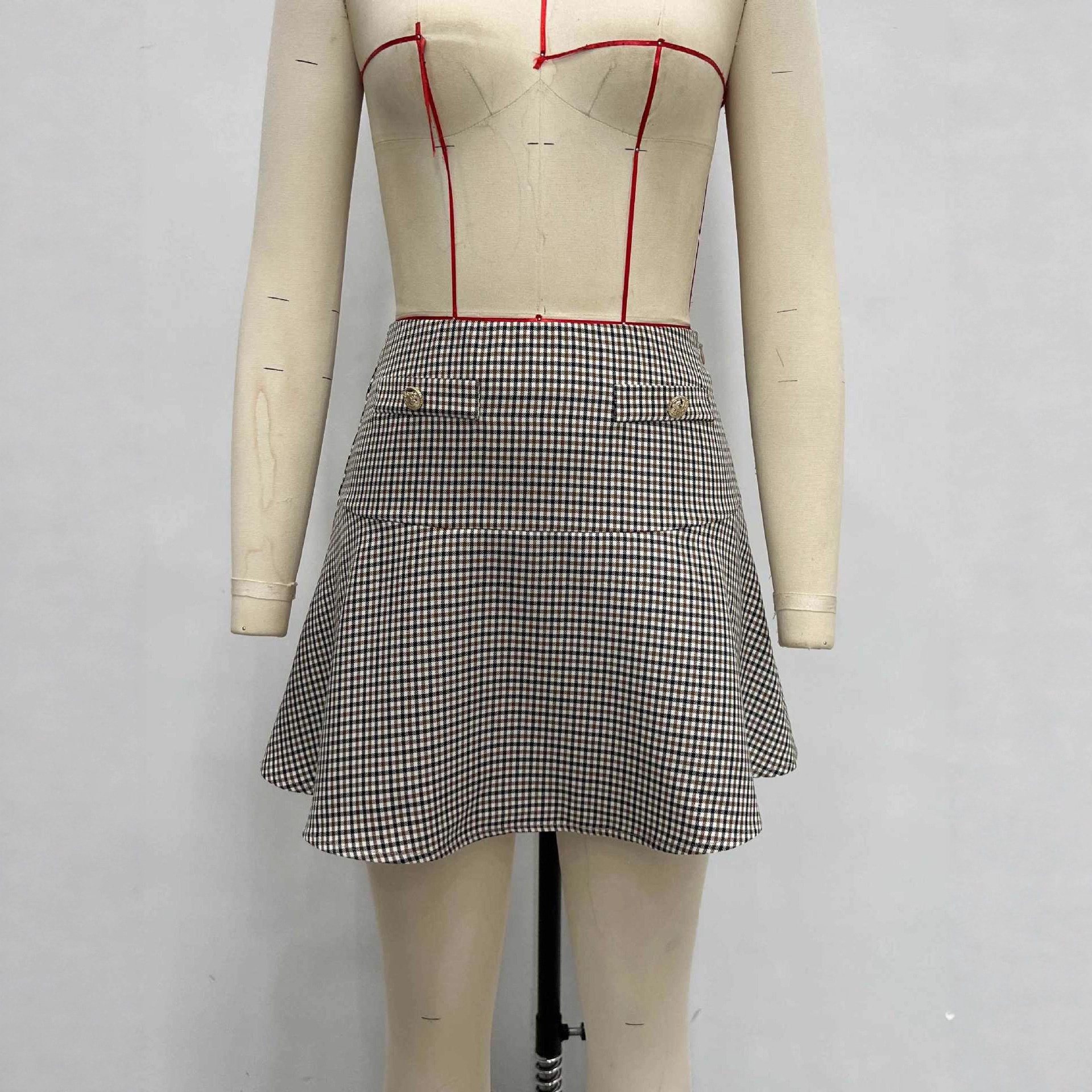 Foreign Trade 2025 European And American Cross-Border Spring New High-Waisted Patchwork A-Line Plaid Fashionable_voghion.com
