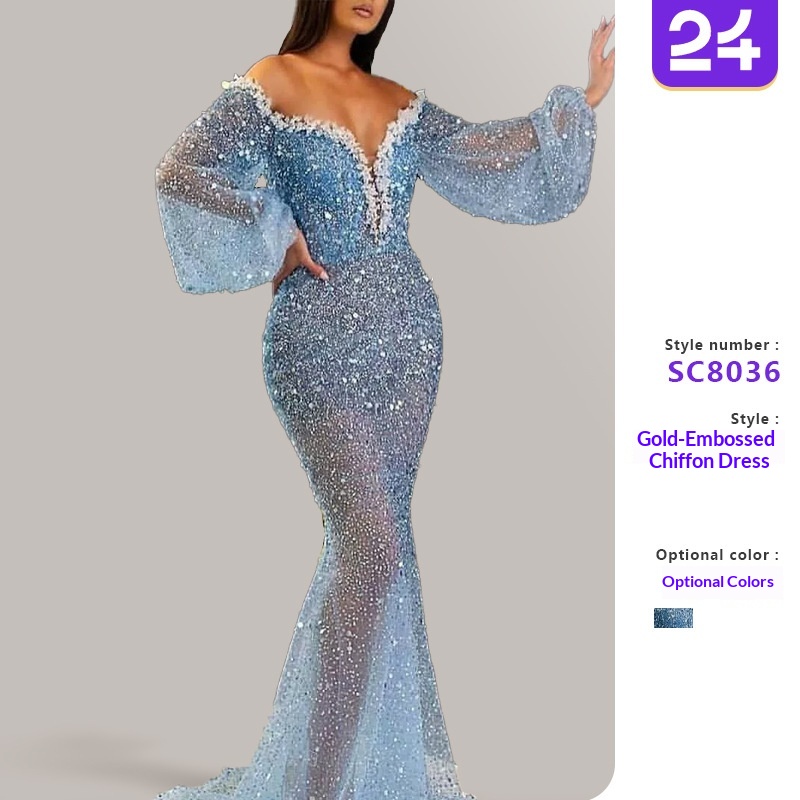 2026 Abito casual da donna europeo e americano primavera/estate transfrontaliero, elegante, con scollo a V e dettagli dorati, trasparente_voghion.com