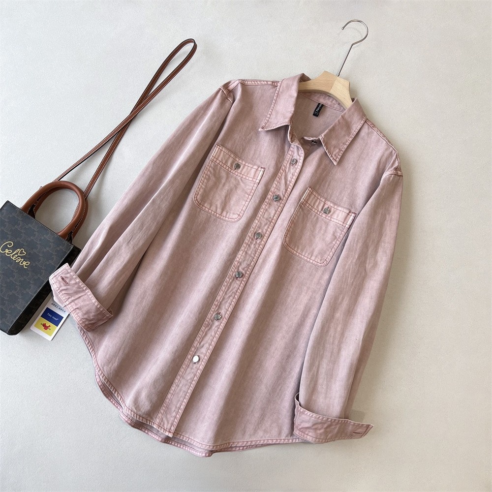 Giacca camicia in denim rosa da donna stile casual stratificato_voghion.com