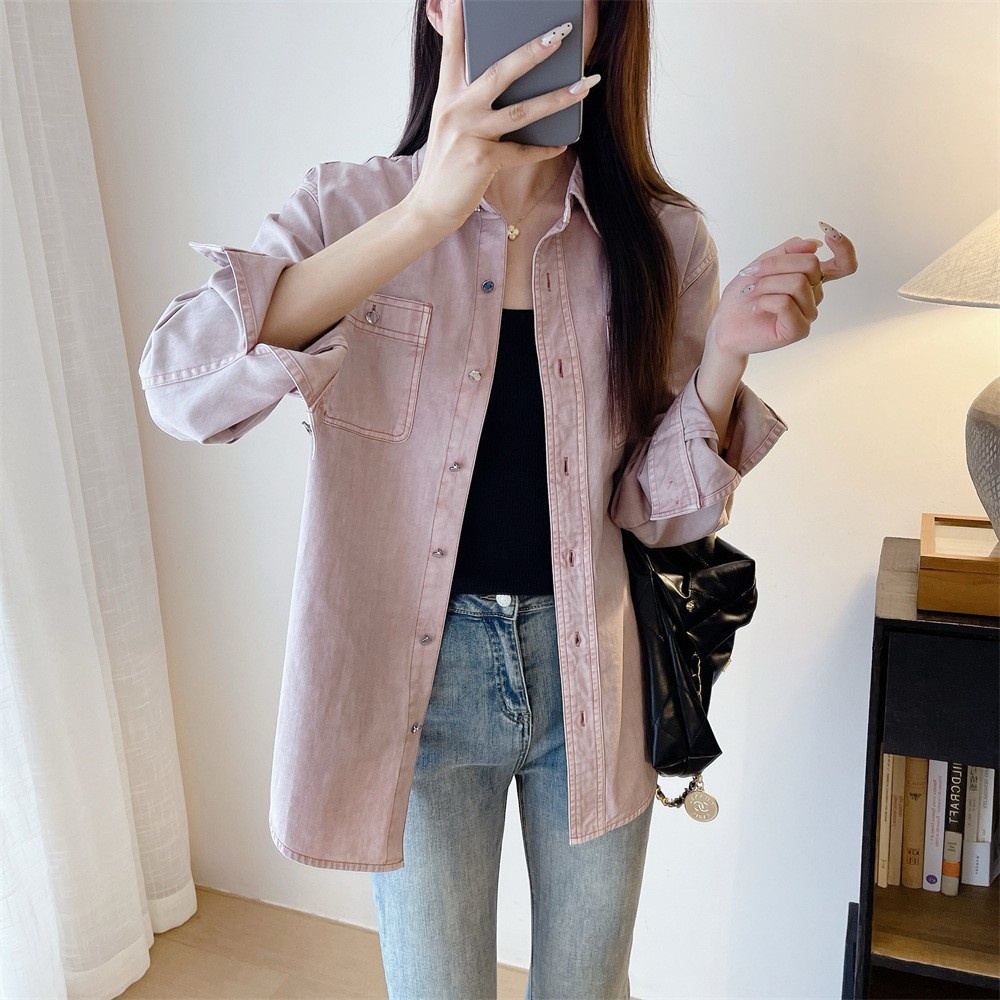 Giacca camicia in denim rosa da donna stile casual stratificato_voghion.com