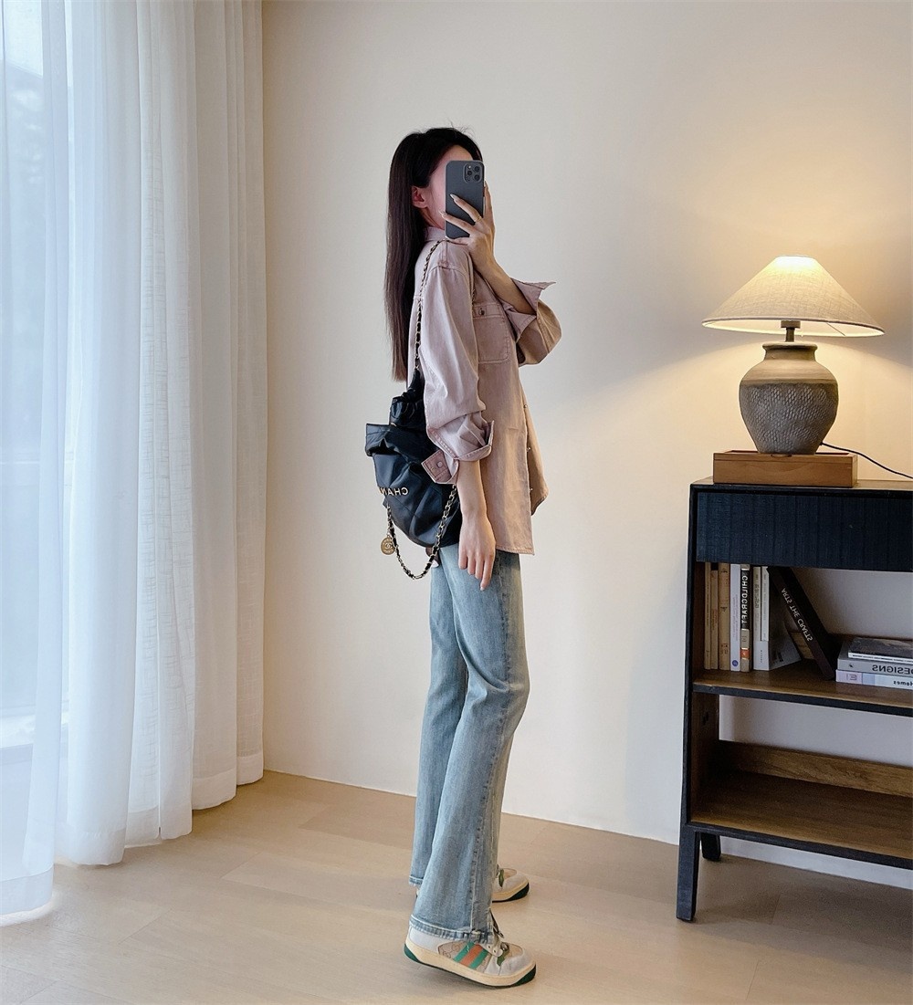 Giacca camicia in denim rosa da donna stile casual stratificato_voghion.com
