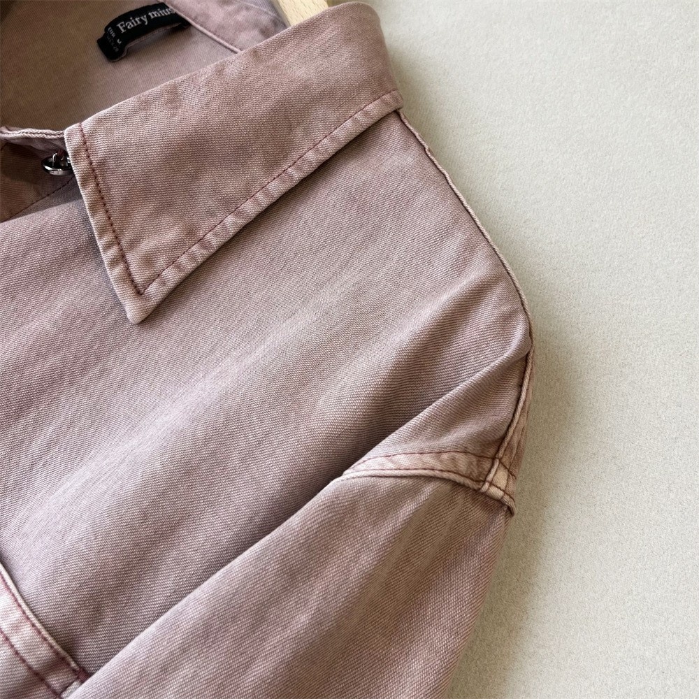Giacca camicia in denim rosa da donna stile casual stratificato_voghion.com