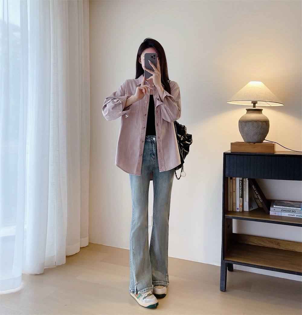 Giacca camicia in denim rosa da donna stile casual stratificato_voghion.com