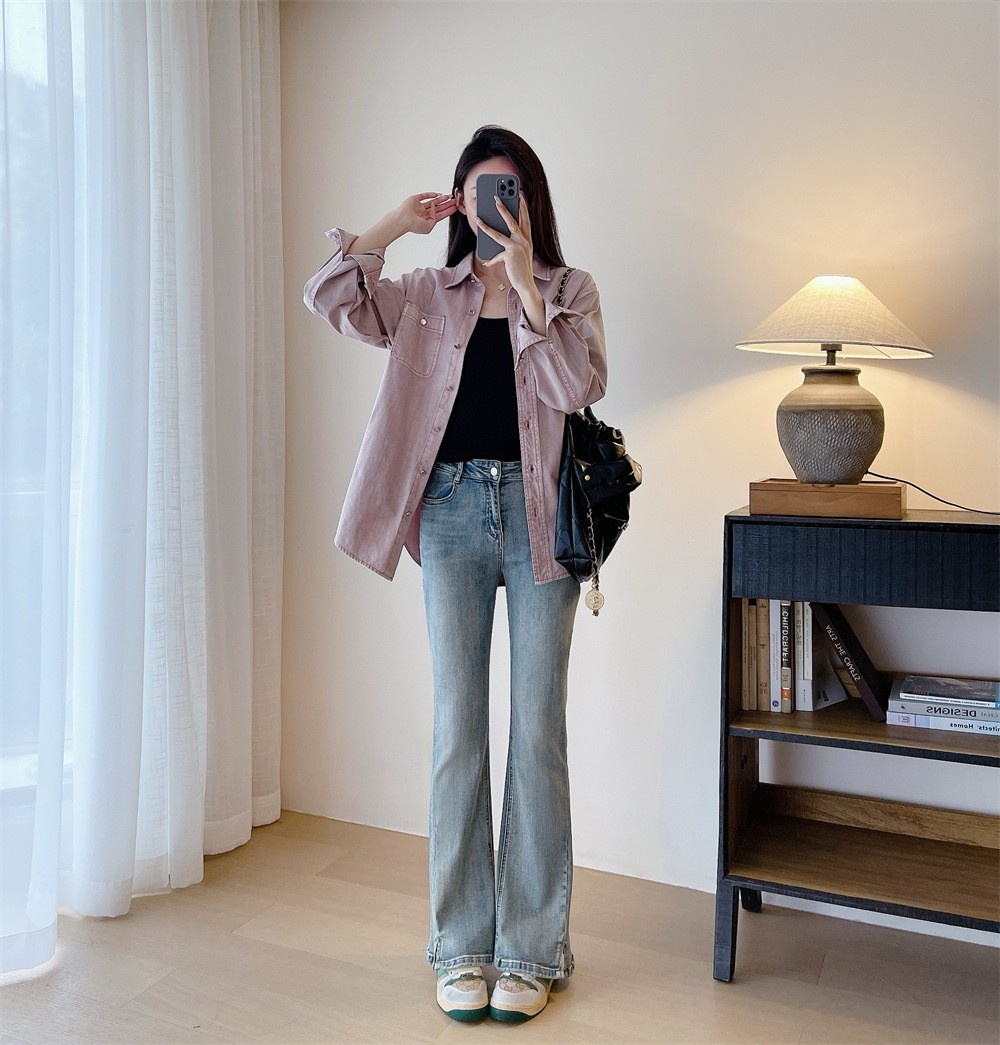 Giacca camicia in denim rosa da donna stile casual stratificato_voghion.com