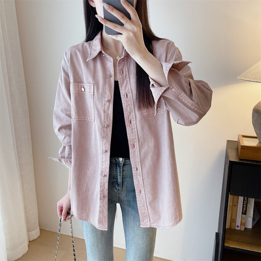 Giacca camicia in denim rosa da donna stile casual stratificato_voghion.com