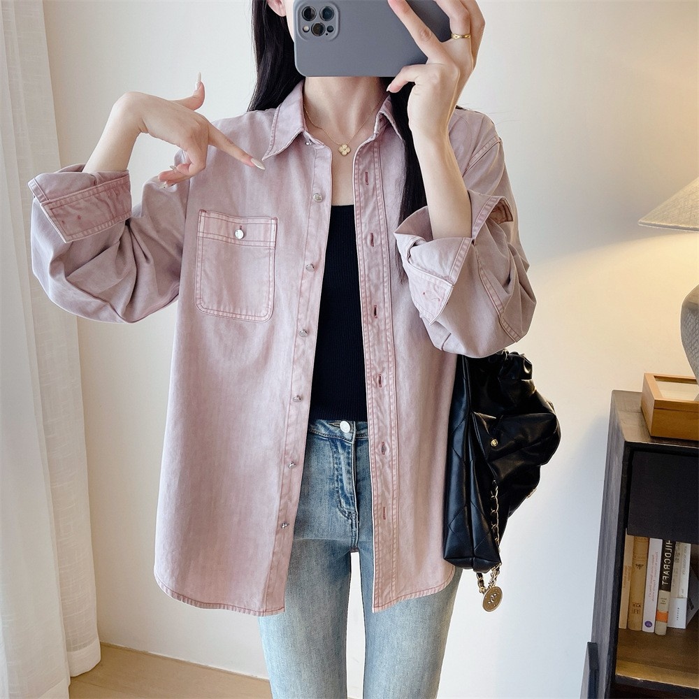 Giacca camicia in denim rosa da donna stile casual stratificato_voghion.com