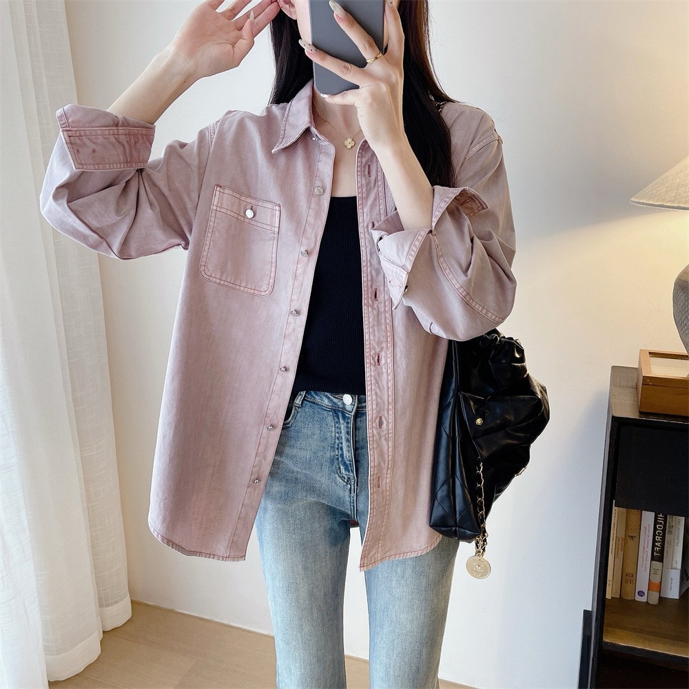 Giacca camicia in denim rosa da donna stile casual stratificato_voghion.com