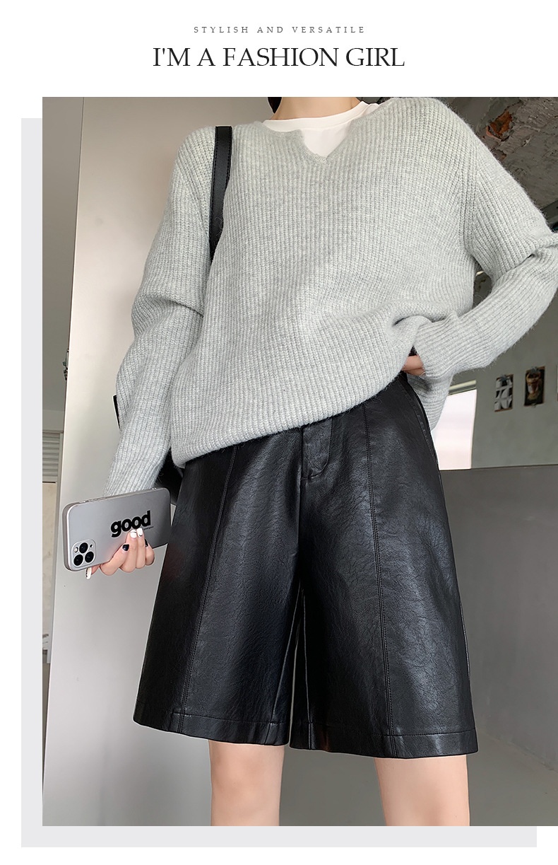 Women's High Waist Washed Faux Leather Wide Leg Shorts Summer_voghion.com