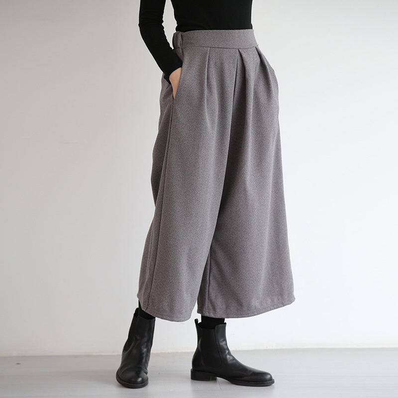 Autumn Winter Women's Stylish Skirt Loose Nine-Point Elastic Waist Wide-Leg Pants Thickened Woolen Plus Size_voghion.com