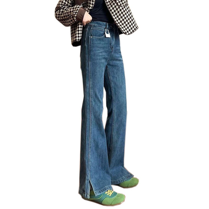 Women's Blue Plus-size Jeans, New Style, Wide-leg, Slightly Flared, Stretchy, With Slits, Straight Cut, Not_voghion.com