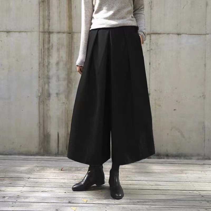 Autumn Winter Women's Stylish Skirt Loose Nine-Point Elastic Waist Wide-Leg Pants Thickened Woolen Plus Size_voghion.com
