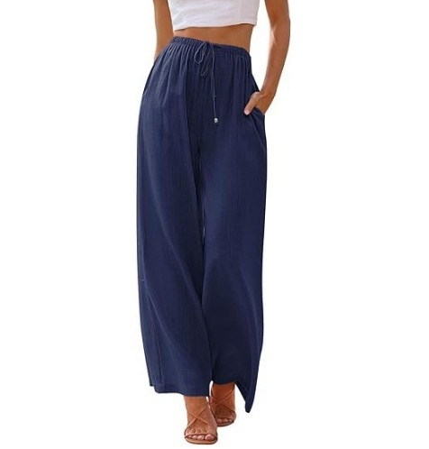 Pantaloni larghi donna in lino casual comodi con tasche_voghion.com