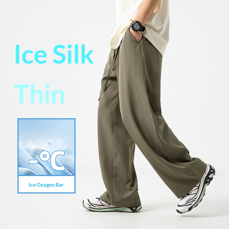 Hanlu Women's Ice Silk Cool Wide-Leg Casual Loose Straight Solid Color Versatile Wrinkle-Resistant Cargo Long Pants_voghion.com