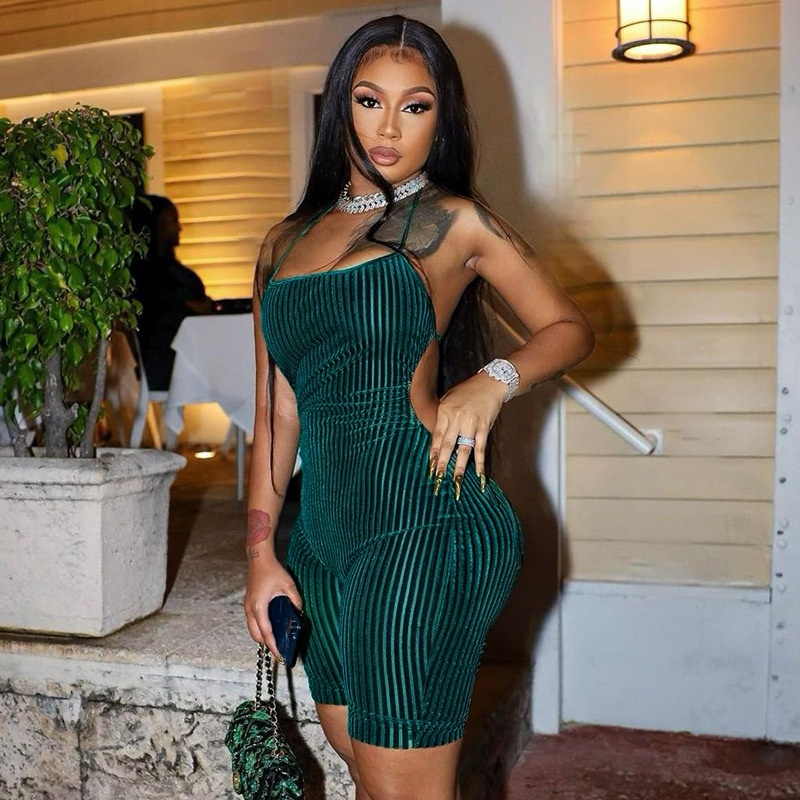 Tuta corta in velluto senza schienale con lacci e mezza tasca, allacciatura e tasche, stile europeo e americano, per la primavera, nuova e sexy._voghion.com