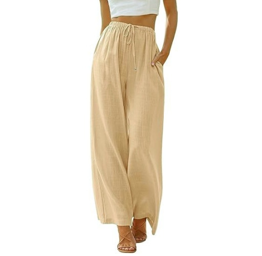 Pantaloni larghi donna in lino casual comodi con tasche_voghion.com