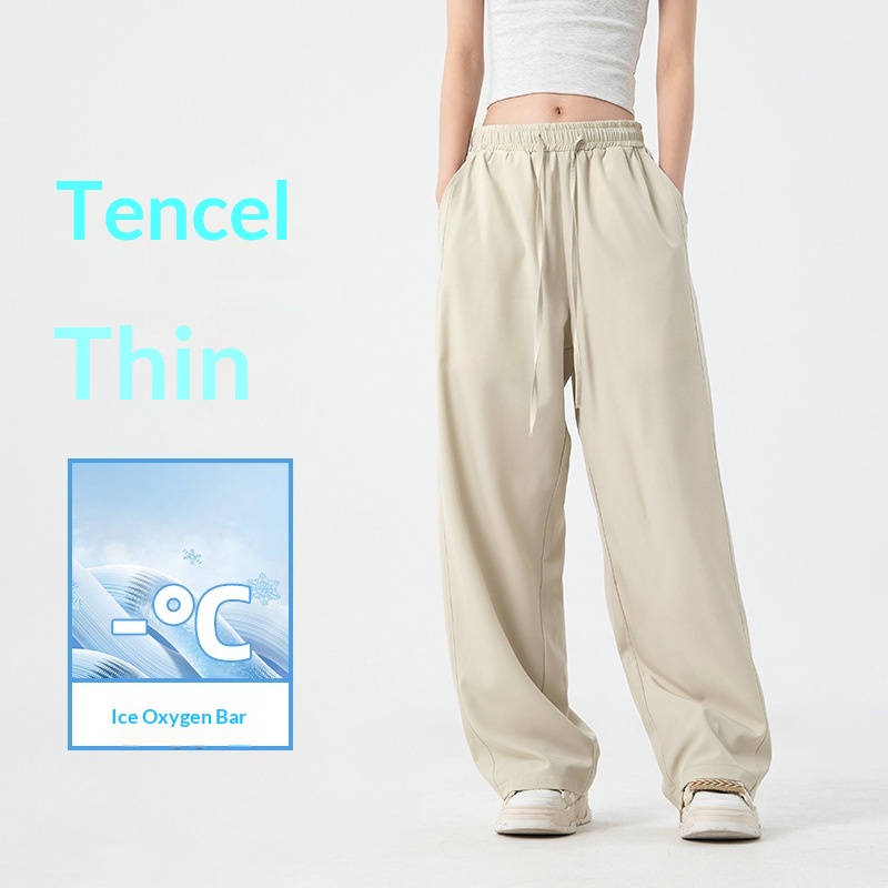 Hanlu Women's Ice Silk Cool Wide-Leg Casual Loose Straight Solid Color Versatile Wrinkle-Resistant Cargo Long Pants_voghion.com