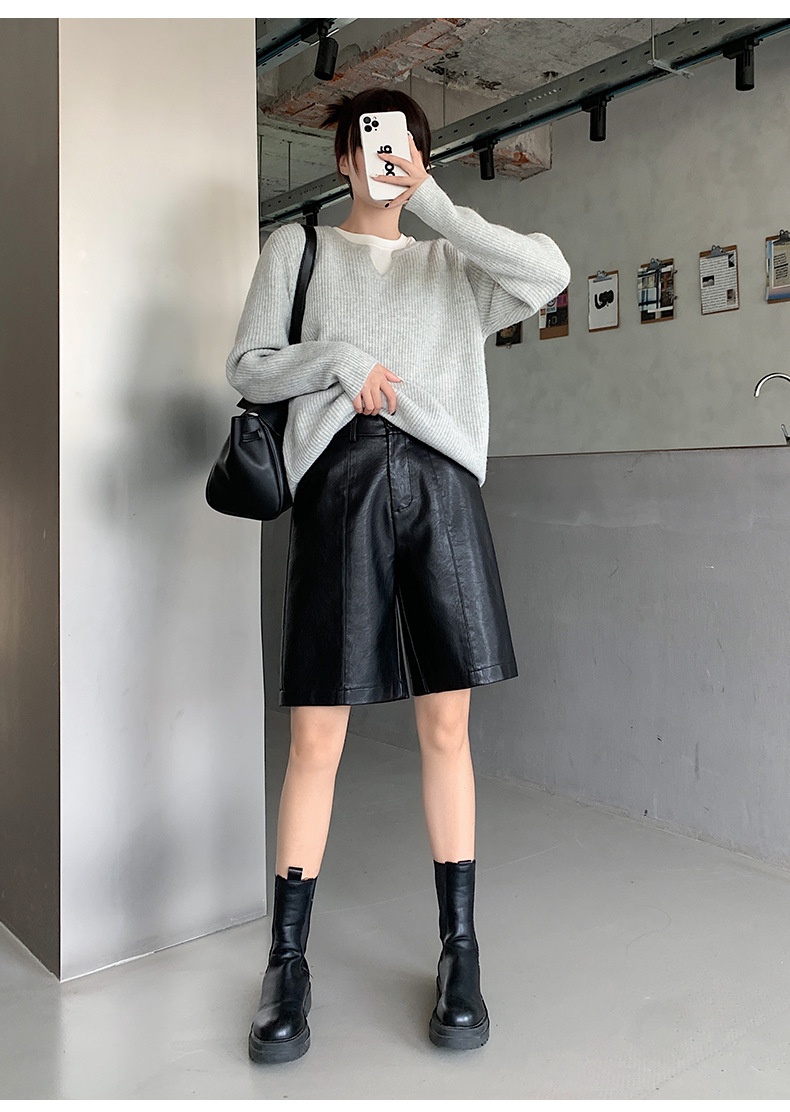 Women's High Waist Washed Faux Leather Wide Leg Shorts Summer_voghion.com