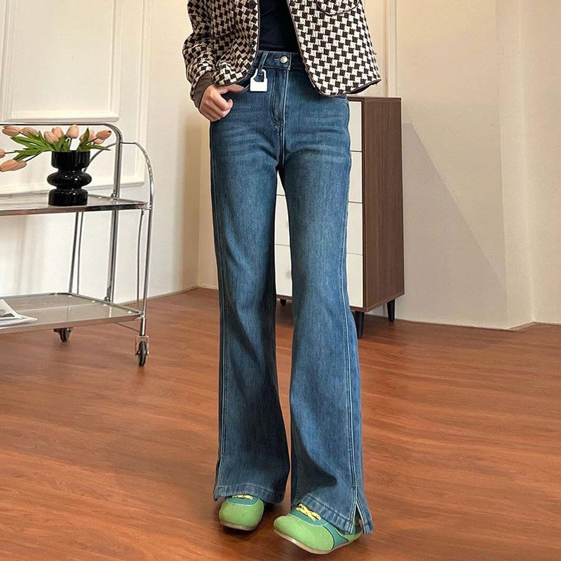 Women's Blue Plus-size Jeans, New Style, Wide-leg, Slightly Flared, Stretchy, With Slits, Straight Cut, Not_voghion.com