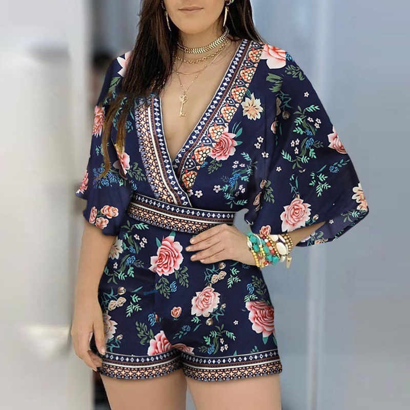 Eleganter Damen Romper Mit V-ausschnitt Und Blumenmuster_voghion.com