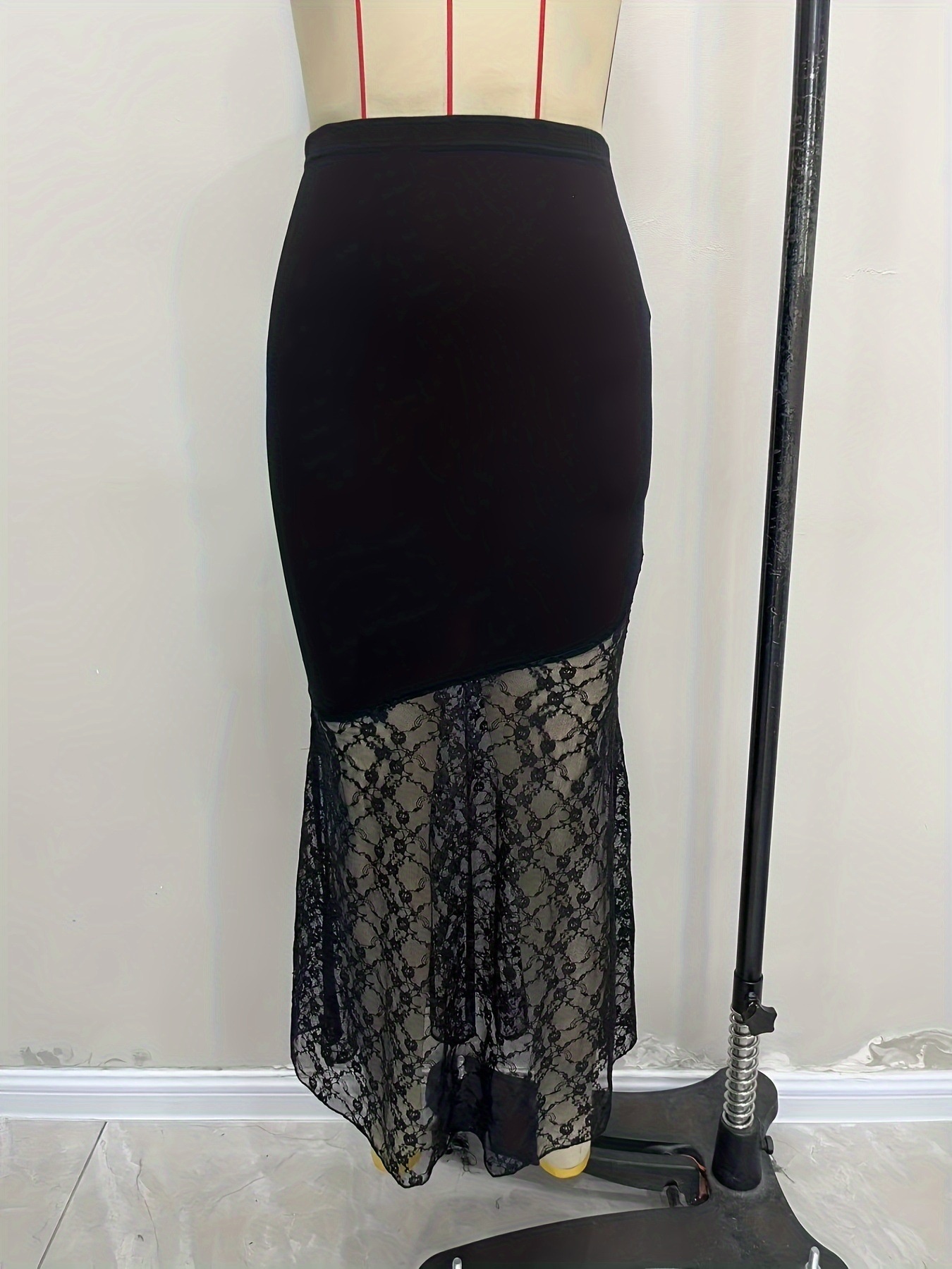 Women's Lace Splicing Sheer Fishtail Bodycon Skirt Elegant Midi_voghion.com