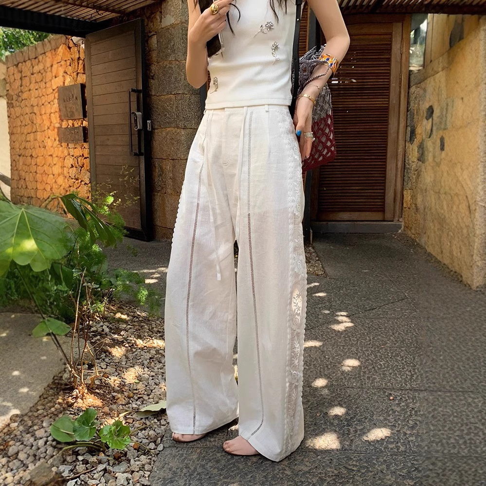 Cotton-linen Relaxed Fit Hollow Lace Patchwork Versatile Casual For Women, New Spring-summer Straight-leg Elegant Long_voghion.com