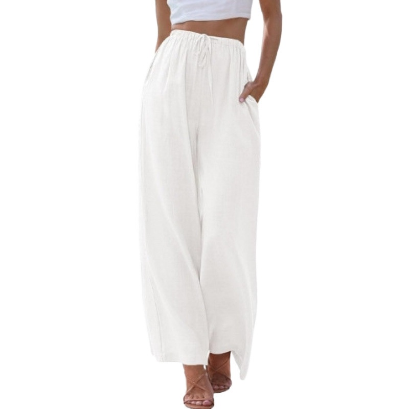 Pantaloni da donna taglie forti europei e americani, modello ampio, casual, in lino, con tasche e coulisse, gamba larga, 2025_voghion.com