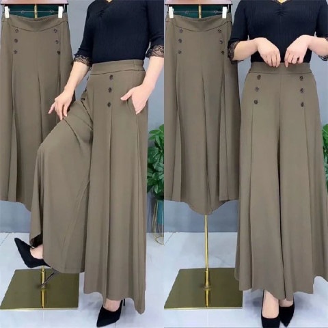 2024 New Spring/Summer Wide-Leg Pants, High-Waisted, Loose, Slimming, Mid-Age Women's Trousers, Nine-Point Skirt-Pants,_voghion.com