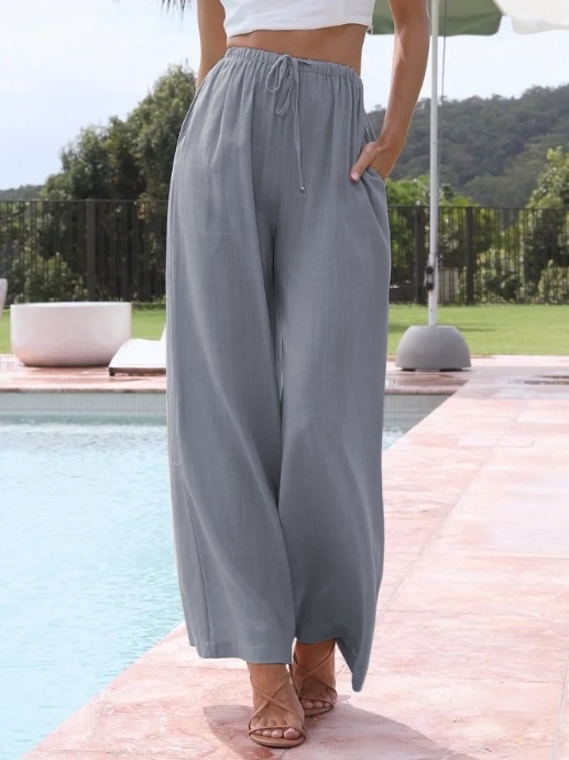 Pantaloni larghi donna in lino casual comodi con tasche_voghion.com