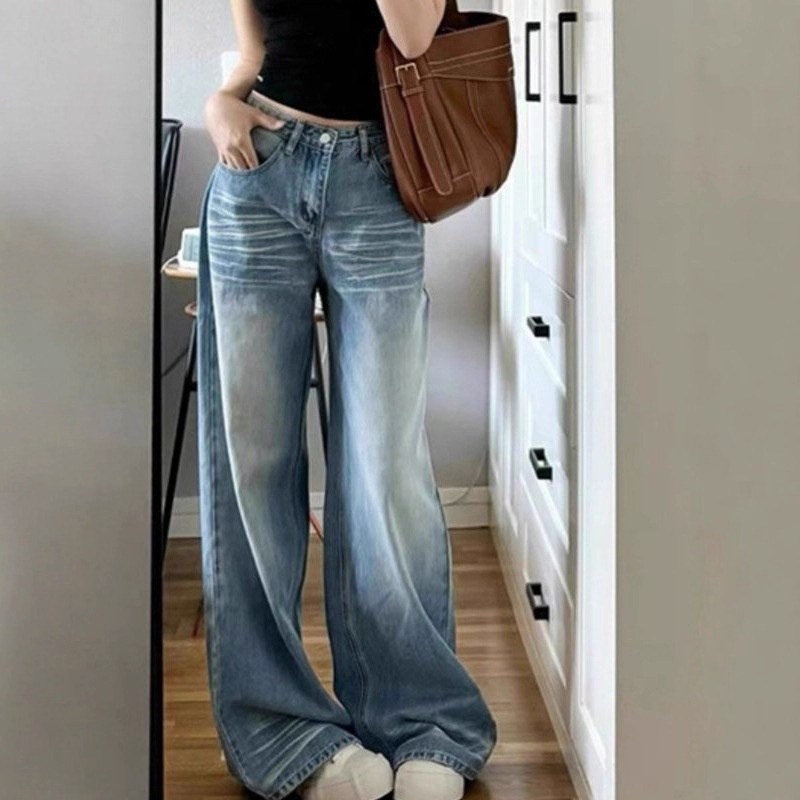 Light Blue Washed Vintage Straight-leg Jeans For Women, Autumn Design Wide-leg Loose-fitting Floor-length Pants, Trendy_voghion.com
