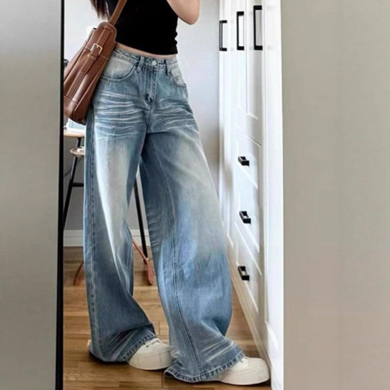 Light Blue Washed Vintage Straight-leg Jeans For Women, Autumn Design Wide-leg Loose-fitting Floor-length Pants, Trendy_voghion.com