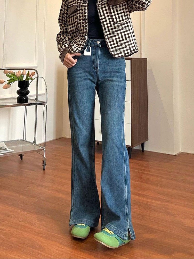 Wide Leg Women's Jeans High Waisted Stretchy With Slits Blue_voghion.com