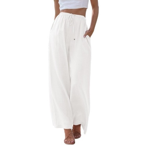 Pantaloni larghi donna in lino casual comodi con tasche_voghion.com