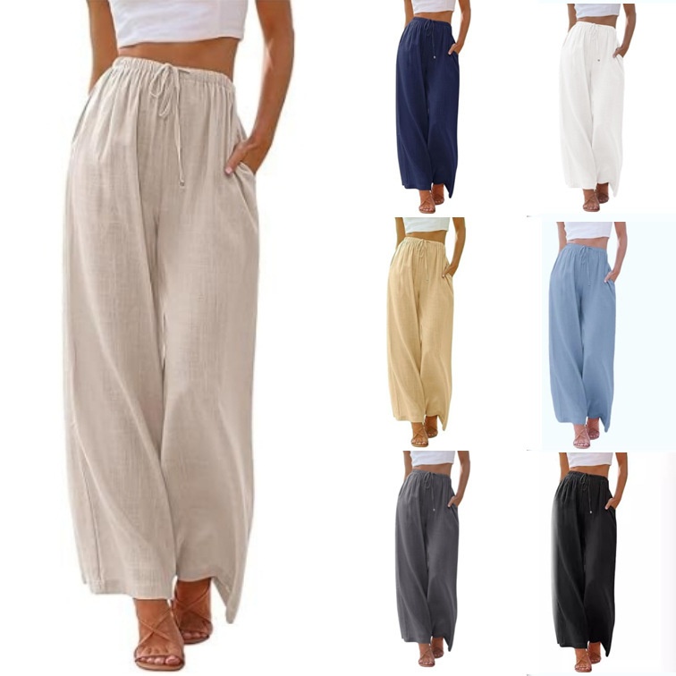 Pantaloni larghi donna in lino casual comodi con tasche_voghion.com
