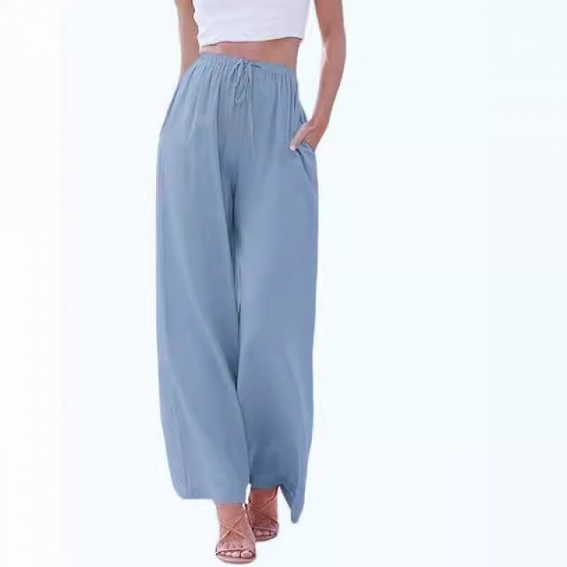 Pantaloni da donna taglie forti europei e americani, modello ampio, casual, in lino, con tasche e coulisse, gamba larga, 2025_voghion.com