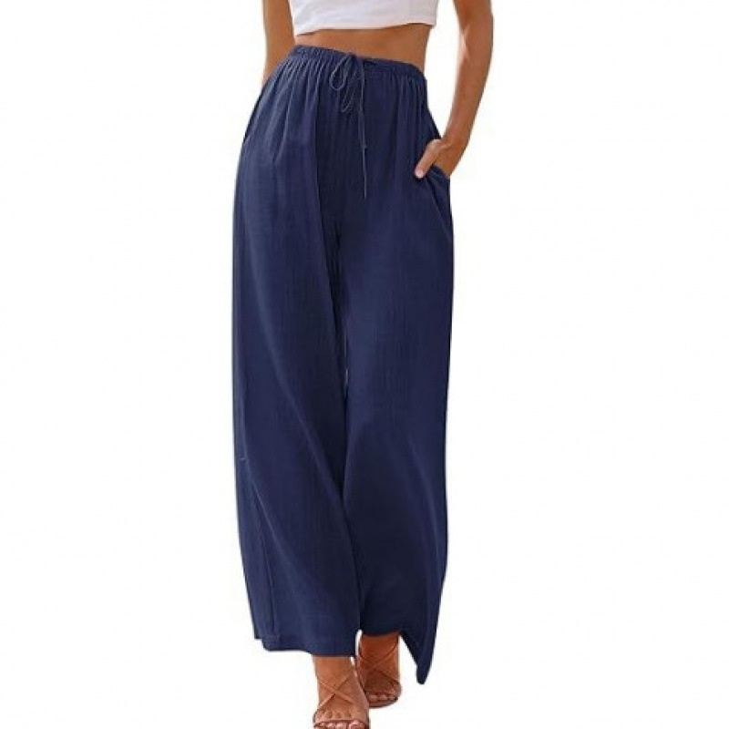 Pantaloni da donna taglie forti europei e americani, modello ampio, casual, in lino, con tasche e coulisse, gamba larga, 2025_voghion.com