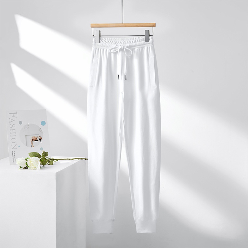 Witte joggingbroek met hoge taille, petite maat, casual zomerbroek voor dames, joggingbroek van puur katoen_voghion.com