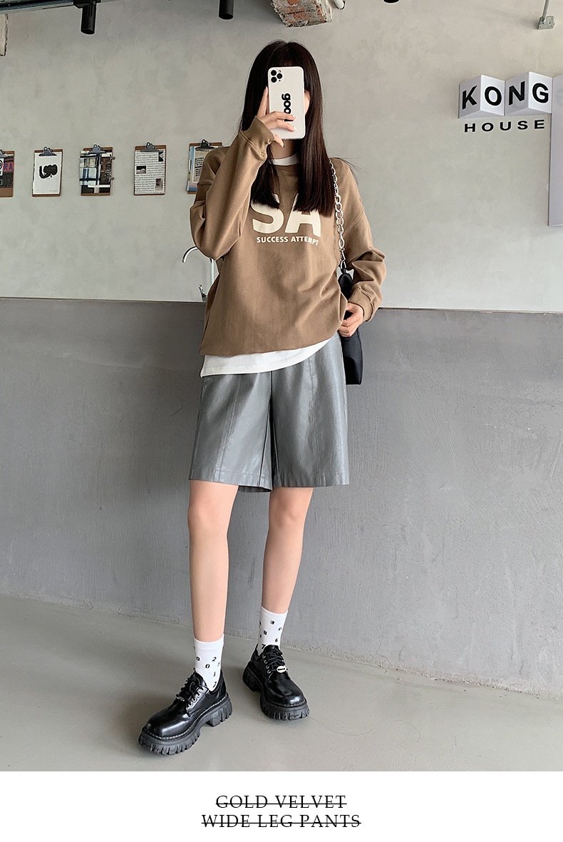 Women's High Waist Washed Faux Leather Wide Leg Shorts Summer_voghion.com