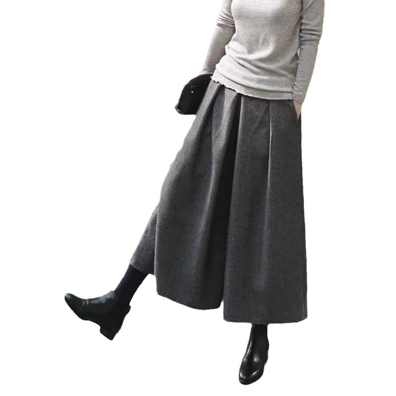 Autumn Winter Women's Stylish Skirt Loose Nine-Point Elastic Waist Wide-Leg Pants Thickened Woolen Plus Size_voghion.com