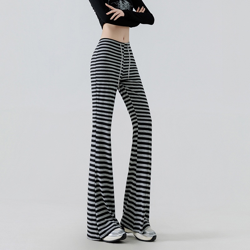 Striped Rayon Stretchy Casual Knit Home Pants With A Relaxed Fit, Drawstring Elastic Waist, And Slimming Flared Legs_voghion.com