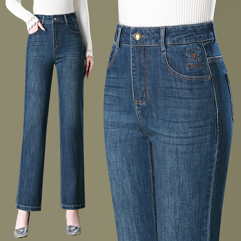 1095 New Style Straight-leg Mom Jeans, Embroidered, Fashionable, For Middle-aged And Elderly Women, Wide-leg, Loose Fit,_voghion.com