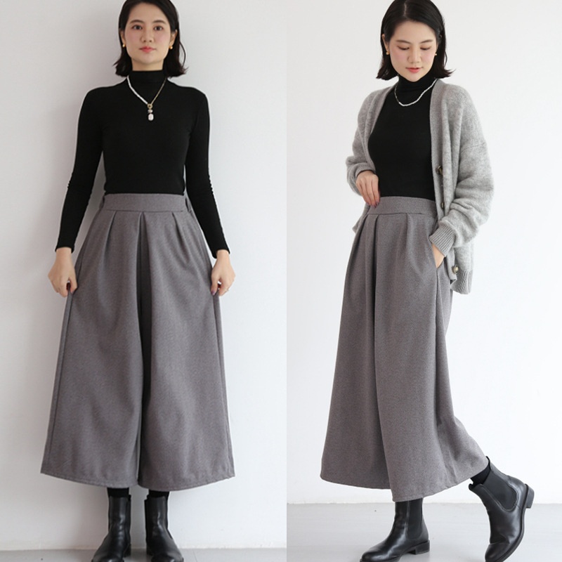 Autumn Winter Women's Stylish Skirt Loose Nine-Point Elastic Waist Wide-Leg Pants Thickened Woolen Plus Size_voghion.com