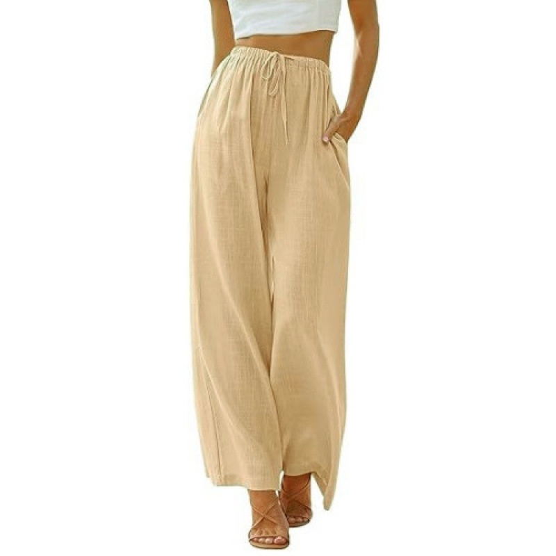 Pantaloni da donna taglie forti europei e americani, modello ampio, casual, in lino, con tasche e coulisse, gamba larga, 2025_voghion.com