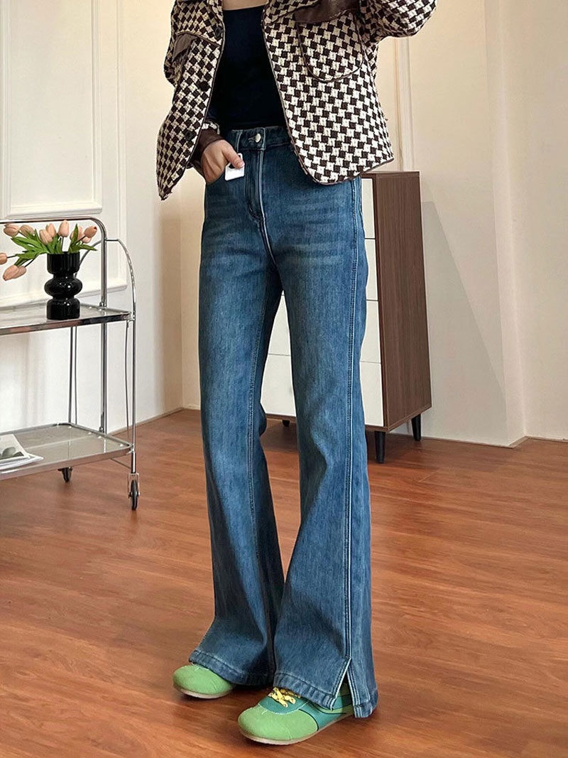 Wide Leg Women's Jeans High Waisted Stretchy With Slits Blue_voghion.com