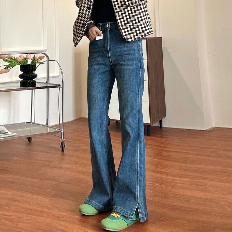 Women's Blue Plus-size Jeans, New Style, Wide-leg, Slightly Flared, Stretchy, With Slits, Straight Cut, Not_voghion.com