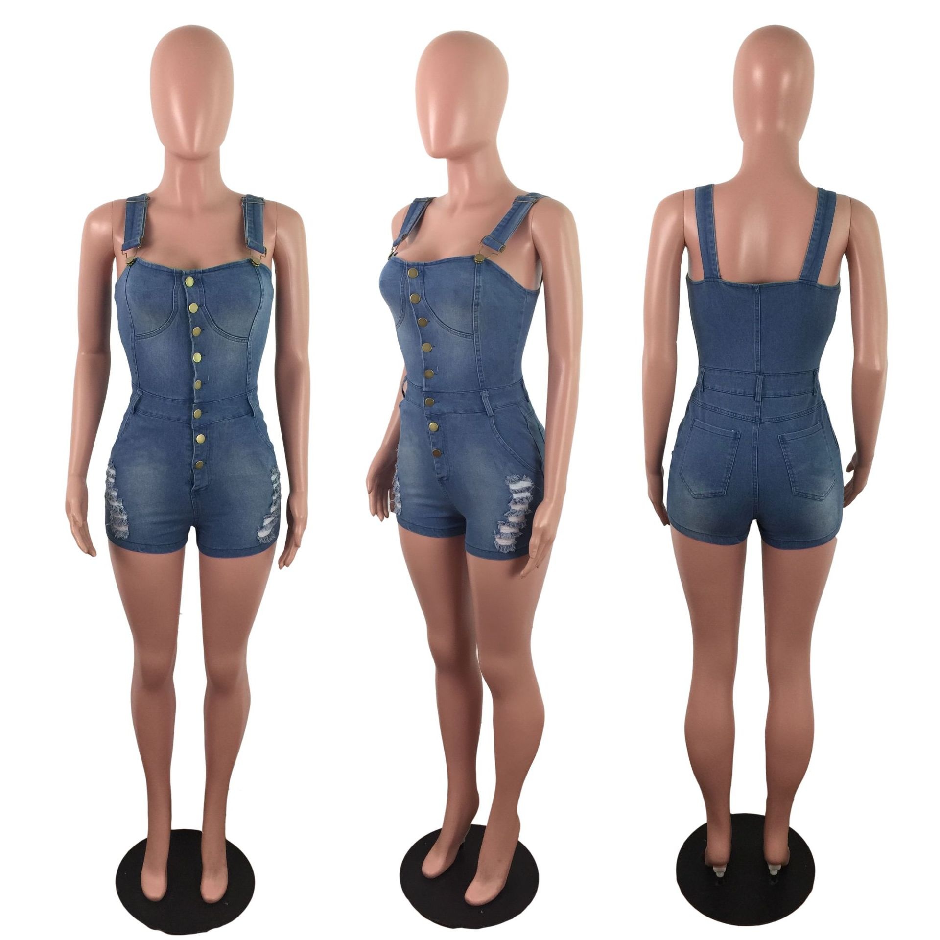 Women's Denim Jumpsuit Slim Fit With Ripped Details And Spray_voghion.com