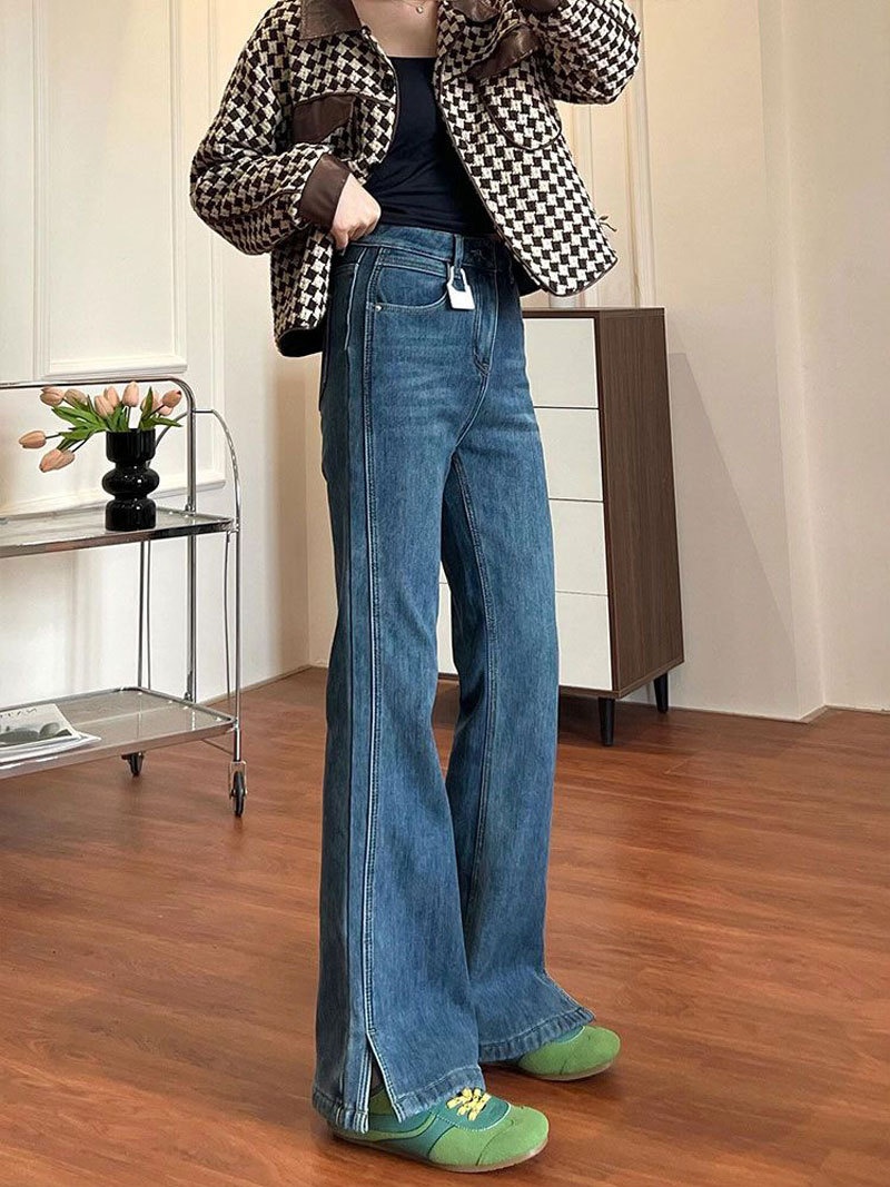 Wide Leg Women's Jeans High Waisted Stretchy With Slits Blue_voghion.com