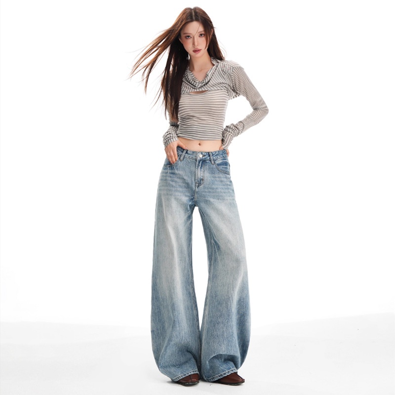 Hellblaue, gewaschene Jeans mit geradem Bein, neuer Herbststil, figurschmeichelnde und locker sitzende Hose mit weitem Bein für große Frauen, vielseitig einsetzbar_voghion.com